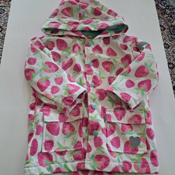 Hatley strawberry raspberry white pink girl raincoat, lined terry size 3 rain - Picture 1 of 8